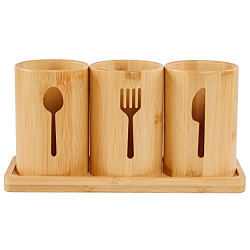 7Penn Standing Utensil Organizer Caddy - 3 Cup Bamboo Countertop Utensil Holder for Party Camping and Kitchen