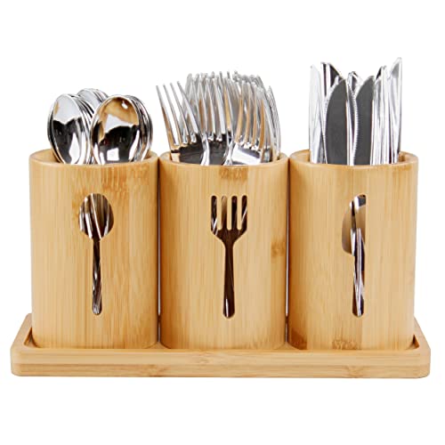 7Penn Standing Utensil Organizer Caddy - 3 Cup Bamboo Countertop Utensil Holder for Party Camping and Kitchen