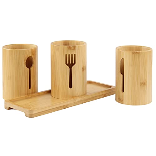 7Penn Standing Utensil Organizer Caddy - 3 Cup Bamboo Countertop Utensil Holder for Party Camping and Kitchen