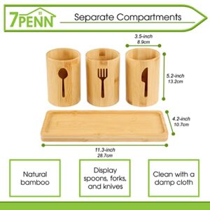 7Penn Standing Utensil Organizer Caddy - 3 Cup Bamboo Countertop Utensil Holder for Party Camping and Kitchen