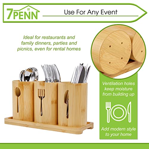 7Penn Standing Utensil Organizer Caddy - 3 Cup Bamboo Countertop Utensil Holder for Party Camping and Kitchen