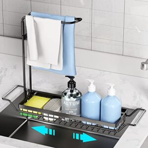 lolost sink caddy sponge holder, expandable (16.7″-21.3″) kitchen telescopic sink storage rack , 4-in-1 telescopic sink shelf with dish towels drying rack, black