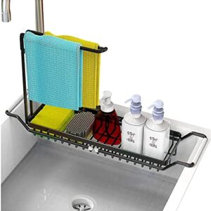 LOLOST Sink Caddy Sponge Holder, Expandable (16.7"-21.3") Kitchen Telescopic Sink Storage Rack , 4-in-1 Telescopic Sink Shelf with Dish Towels Drying Rack, Black