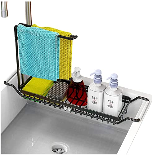 LOLOST Sink Caddy Sponge Holder, Expandable (16.7"-21.3") Kitchen Telescopic Sink Storage Rack , 4-in-1 Telescopic Sink Shelf with Dish Towels Drying Rack, Black