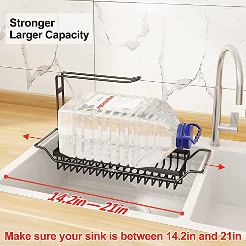 LOLOST Sink Caddy Sponge Holder, Expandable (16.7"-21.3") Kitchen Telescopic Sink Storage Rack , 4-in-1 Telescopic Sink Shelf with Dish Towels Drying Rack, Black