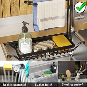 LOLOST Sink Caddy Sponge Holder, Expandable (16.7"-21.3") Kitchen Telescopic Sink Storage Rack , 4-in-1 Telescopic Sink Shelf with Dish Towels Drying Rack, Black