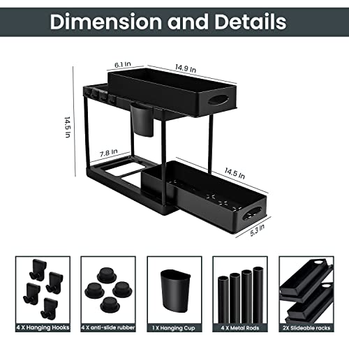 HOMEELLO Under Sink Organizers and Storage Bathroom, 2 Tier Double Sliding Under Cabinet Organizer with 4 Hooks, 1 Hanging Cup, A Complete Bathroom Organizer Under Sink