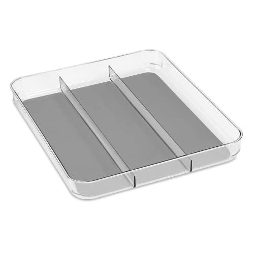 madesmart Antimicrobial Clear Soft Grip Large Utensil Tray, Non-Slip Kitchen Drawer Organizer, 3 Compartments, Multi-Purpose Home Organization, EPA Certified, Light Grey