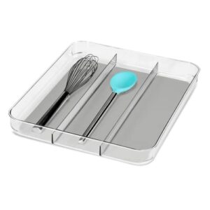 madesmart Antimicrobial Clear Soft Grip Large Utensil Tray, Non-Slip Kitchen Drawer Organizer, 3 Compartments, Multi-Purpose Home Organization, EPA Certified, Light Grey