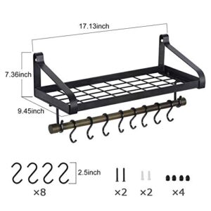 Love-KANKEI Pot Rack Wall Mounted Pan Pot Organizer Wall Shelf with Towel Bar and 8 Hooks for Kitchen Cookware Utensils Organization Black