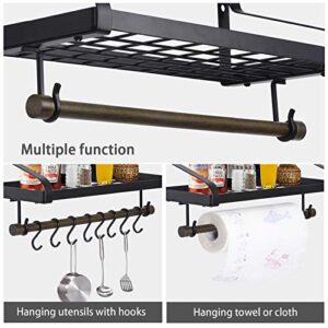 Love-KANKEI Pot Rack Wall Mounted Pan Pot Organizer Wall Shelf with Towel Bar and 8 Hooks for Kitchen Cookware Utensils Organization Black