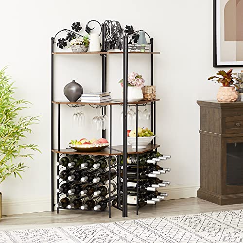 VECELO 3-Tier Corner Wine Rack Freestanding Floor with Glass Holder, 16 Bottles, Wooden Home Liquor Bar Cabinet Storage Display Shelf for Kitchen Dining Room, Rustic Brown