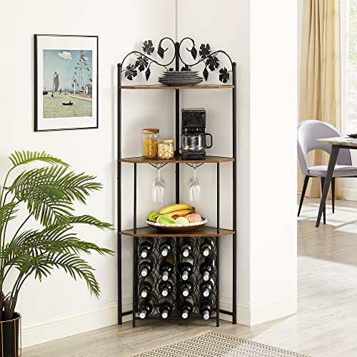 VECELO 3-Tier Corner Wine Rack Freestanding Floor with Glass Holder, 16 Bottles, Wooden Home Liquor Bar Cabinet Storage Display Shelf for Kitchen Dining Room, Rustic Brown