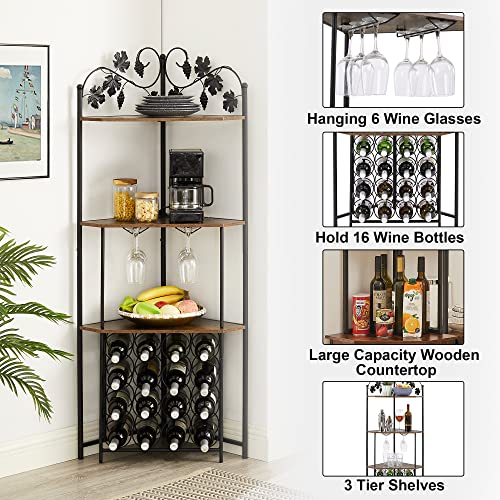 VECELO 3-Tier Corner Wine Rack Freestanding Floor with Glass Holder, 16 Bottles, Wooden Home Liquor Bar Cabinet Storage Display Shelf for Kitchen Dining Room, Rustic Brown