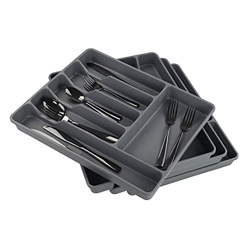 Teyyvn 4-Pack Plastic Cutlery Storage Tray, Flatware Drawer Organizer, Multi-Purpose Storage Tray, Gray