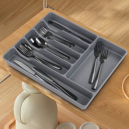 Teyyvn 4-Pack Plastic Cutlery Storage Tray, Flatware Drawer Organizer, Multi-Purpose Storage Tray, Gray