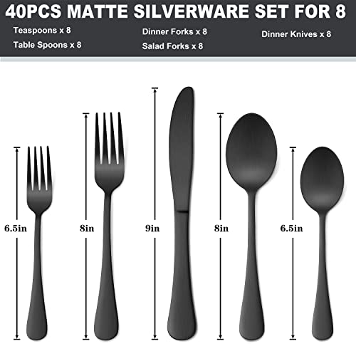 Homikit 40-Piece Matte Black Silverware Set, Stainless Steel Flatware Cutlery Set for 8, Modern Eating Utensils Include Knives Forks Spoons, Fancy Tableware for Home Restaurant Party, Dishwasher Safe