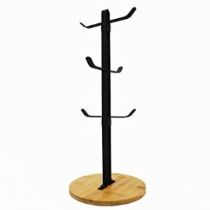 Countertop Mug Tree, 6 Mug Holder, Coffee & Tea Cup Storage Rack, Coffee Counter Bar Accessory & Kitchen Organizer- ShinYik Japanese Zakka Style with Bamboo Wood and Black Iron