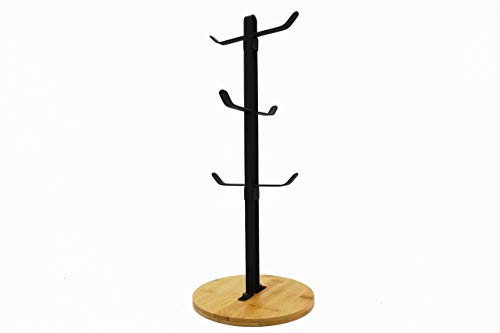 Countertop Mug Tree, 6 Mug Holder, Coffee & Tea Cup Storage Rack, Coffee Counter Bar Accessory & Kitchen Organizer- ShinYik Japanese Zakka Style with Bamboo Wood and Black Iron