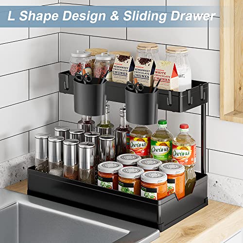 Under Sink Organizer-1 Pack, Kitchen Organization, Cabinet Organizer with 2 Cups and 4 Hooks, Bathroom Organizer