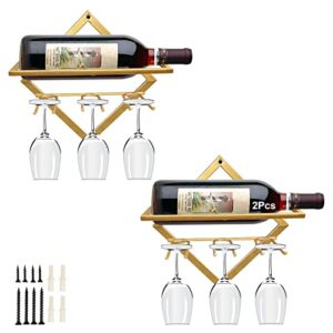 2pcs metal wall mounted wine holder stemware glass rack, upgrade collapsible hanging red wine racks organizer with 3 stem glass holders, wine bottle display hanger for home kitchen bar decor…