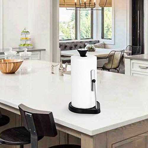 Single Tear Paper Towel Holder Countertop, Hystun Standing Paper Towel Holder Stainless Steel Tension Arm Paper Towel Holder Easy to Tear Paper Roll Dispenser Stand for Kitchen Countertop & Bathroom