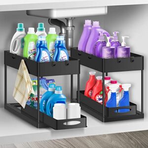 eurobird under sink organizer and storage, 2-tier under bathroom cabinet storage sliding drawer with 4 hooks, multi-purpose under sink storage shelf rack for bathroom kitchen