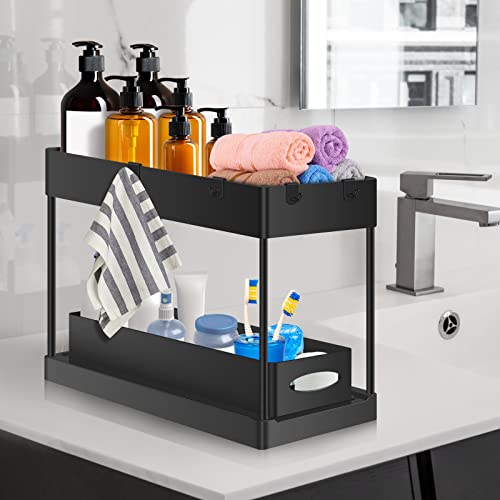 EuroBird Under Sink Organizer and Storage, 2-Tier Under Bathroom Cabinet Storage Sliding Drawer with 4 Hooks, Multi-purpose Under Sink Storage Shelf Rack for Bathroom Kitchen