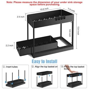 EuroBird Under Sink Organizer and Storage, 2-Tier Under Bathroom Cabinet Storage Sliding Drawer with 4 Hooks, Multi-purpose Under Sink Storage Shelf Rack for Bathroom Kitchen