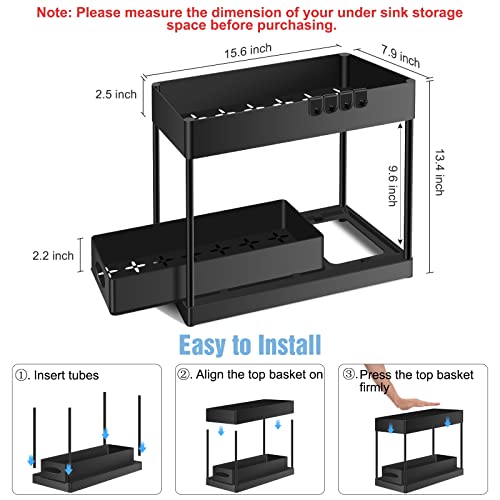 EuroBird Under Sink Organizer and Storage, 2-Tier Under Bathroom Cabinet Storage Sliding Drawer with 4 Hooks, Multi-purpose Under Sink Storage Shelf Rack for Bathroom Kitchen