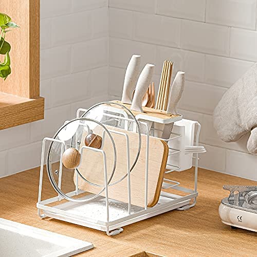SUNFICON Pot Pan Lid Organizer Cutting Board Rack 8 Slots Knife Block Holder Cutlery Holder Kitchenware Storage Drying Rack Multifunctional Kitchen Pantry Cabinet Countertop Stand w Drip Tray White