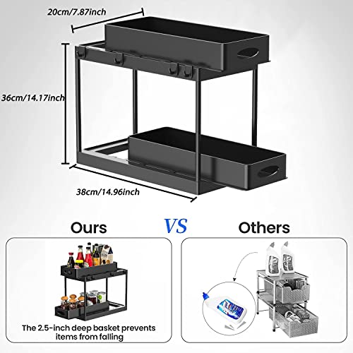 HooySprs 2 Tier Under Sink Organizer with 2 Sliding Drawer Under Cabinet Basket Organizer with Hooks Bathroom Organizer Kitchen Cabinet Organizers