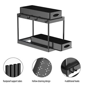 HooySprs 2 Tier Under Sink Organizer with 2 Sliding Drawer Under Cabinet Basket Organizer with Hooks Bathroom Organizer Kitchen Cabinet Organizers