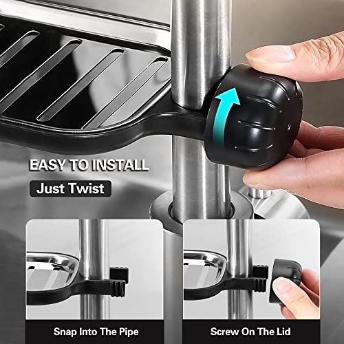 welltouring Sink Sponge Holder Faucet Storage Rack Shower Caddy for Kitchen and Bathroom Hanging Organizer Stainless Steel Dish Soap Tray (Black, Small)