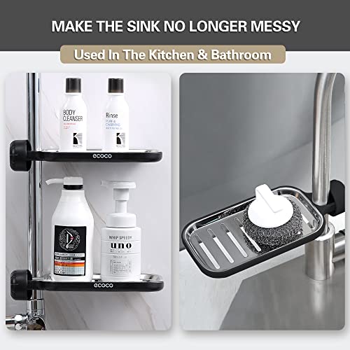 welltouring Sink Sponge Holder Faucet Storage Rack Shower Caddy for Kitchen and Bathroom Hanging Organizer Stainless Steel Dish Soap Tray (Black, Small)