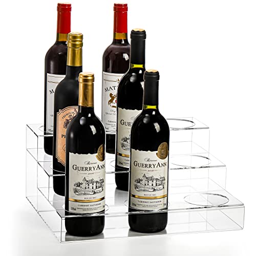 Frcctre Acrylic Wine Bottle Holder, 3 Tier 9 Bottles Acrylic Wine Rack Bottle Display Stand Riser Display Shelf Clear Countertop Tiered Storage Holder for Wine, Champagne, Coffee Syrup