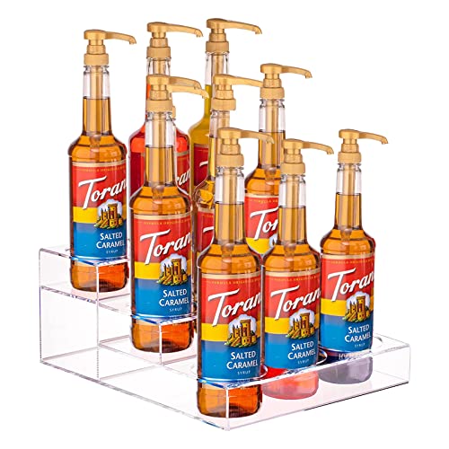 Frcctre Acrylic Wine Bottle Holder, 3 Tier 9 Bottles Acrylic Wine Rack Bottle Display Stand Riser Display Shelf Clear Countertop Tiered Storage Holder for Wine, Champagne, Coffee Syrup