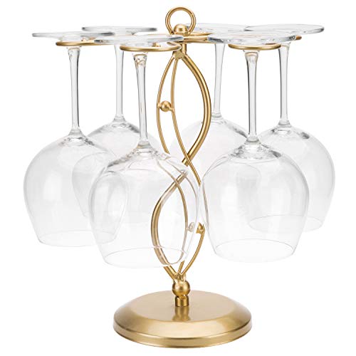 MyGift Gold Metal Countertop Wine Glass Holder with Scrollwork Design, Freestanding Tabletop Stemware Storage Rack with 6 Hooks