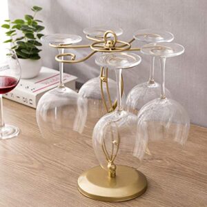 MyGift Gold Metal Countertop Wine Glass Holder with Scrollwork Design, Freestanding Tabletop Stemware Storage Rack with 6 Hooks