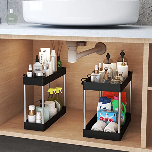 Under Sink Organizer, UBeishun 2 Tier Bathroom Sink Organizer with Hooks, Cleaning Supplies Holder, Multi-purpose Storage Shelf for Home Kitchen Cabinet Organization (2 Pack)