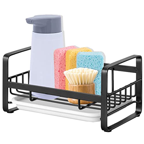 JiangWaveT Kitchen Sink Caddy Sponge Holder Sink Sponge Holder for Sink, Caddy Organizer,Sink Tray Drainer Rack, Soap Dish Dispenser Brush Holder Storage Kitchen Accessories,Black