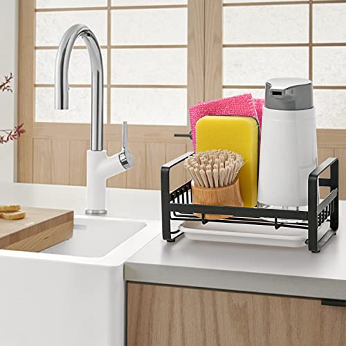 JiangWaveT Kitchen Sink Caddy Sponge Holder Sink Sponge Holder for Sink, Caddy Organizer,Sink Tray Drainer Rack, Soap Dish Dispenser Brush Holder Storage Kitchen Accessories,Black