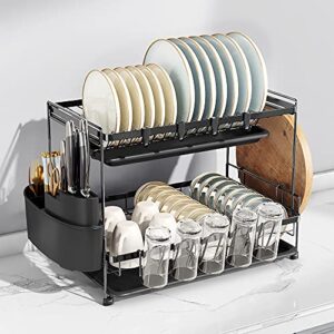 leachutt dish drying rack, 2 tier kitchen dish rack and drainboard set with utensil, cutlery and cup holder for countertop, large rust-proof steel dish drainer for plates, mugs, bowls, knives, black