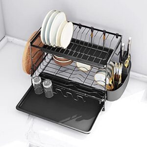 LEACHUTT Dish Drying Rack, 2 Tier Kitchen Dish Rack and Drainboard Set with Utensil, Cutlery and Cup Holder for Countertop, Large Rust-Proof Steel Dish Drainer for Plates, Mugs, Bowls, Knives, Black