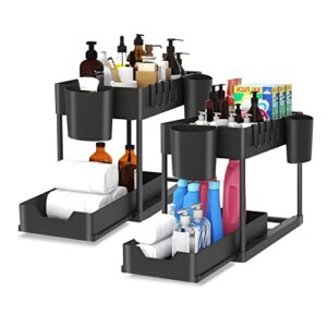 way2furn under sink organizers and storage, 2 tier kitchen under sink cabinet organizer, under sink shelf organizer with hooks and hanging cups for cabinet, countertop, bathroom, kitchen, 2 pack