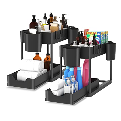 Way2Furn Under Sink Organizers and Storage, 2 Tier Kitchen Under Sink Cabinet Organizer, Under Sink Shelf Organizer with Hooks and Hanging Cups for Cabinet, Countertop, Bathroom, Kitchen, 2 Pack