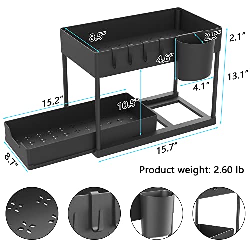 Way2Furn Under Sink Organizers and Storage, 2 Tier Kitchen Under Sink Cabinet Organizer, Under Sink Shelf Organizer with Hooks and Hanging Cups for Cabinet, Countertop, Bathroom, Kitchen, 2 Pack