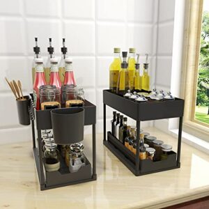 Way2Furn Under Sink Organizers and Storage, 2 Tier Kitchen Under Sink Cabinet Organizer, Under Sink Shelf Organizer with Hooks and Hanging Cups for Cabinet, Countertop, Bathroom, Kitchen, 2 Pack