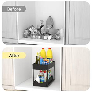 Way2Furn Under Sink Organizers and Storage, 2 Tier Kitchen Under Sink Cabinet Organizer, Under Sink Shelf Organizer with Hooks and Hanging Cups for Cabinet, Countertop, Bathroom, Kitchen, 2 Pack