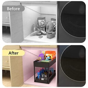 Way2Furn Under Sink Organizers and Storage, 2 Tier Kitchen Under Sink Cabinet Organizer, Under Sink Shelf Organizer with Hooks and Hanging Cups for Cabinet, Countertop, Bathroom, Kitchen, 2 Pack